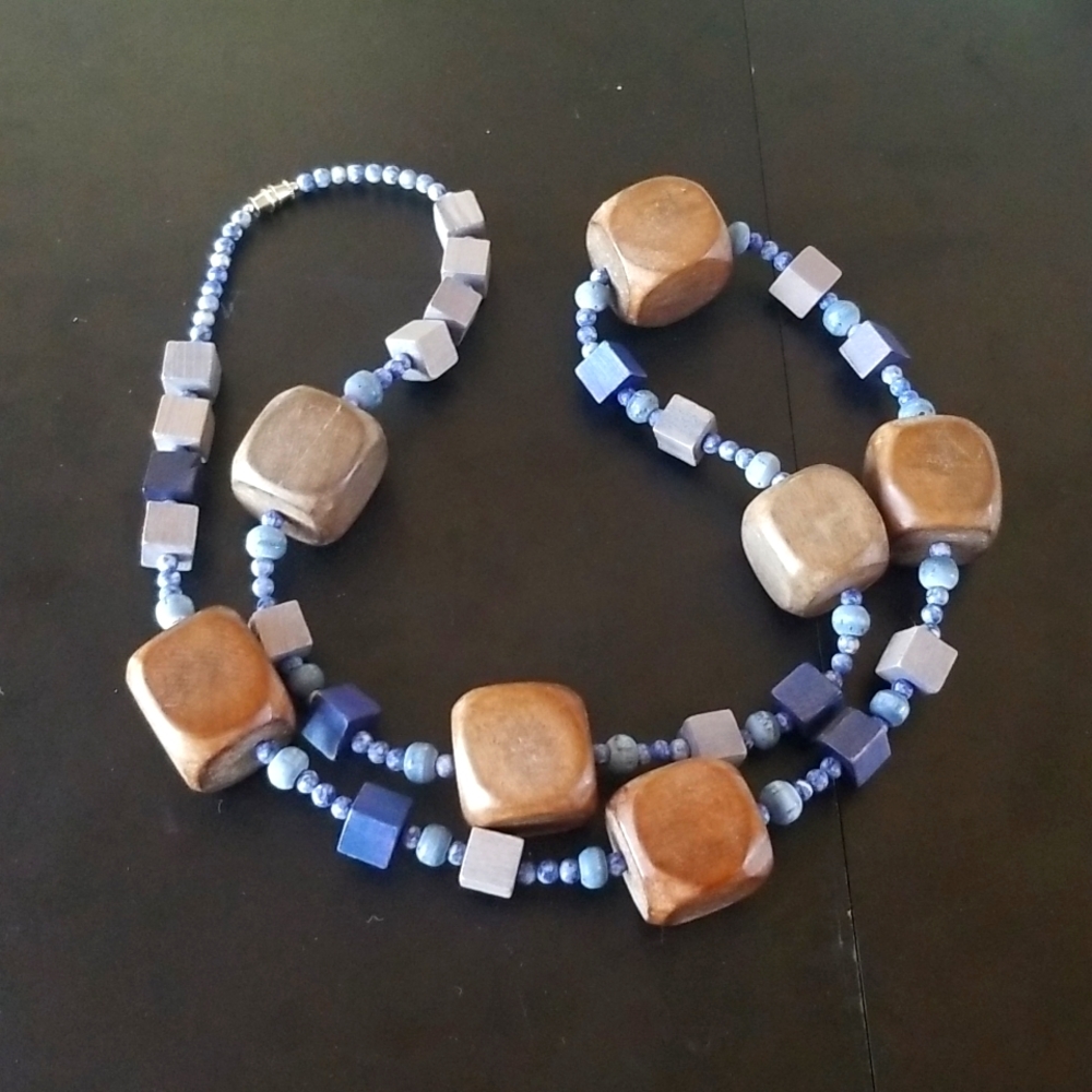 Vintage Wooden Cube Block Bead Necklace